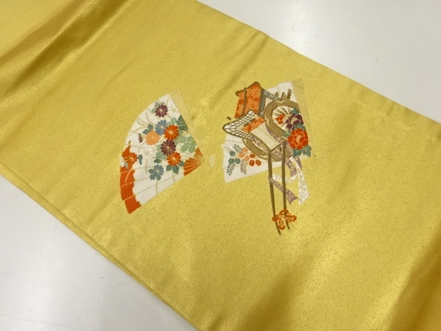 JAPANESE KIMONO / VINTAGE NAGOYA OBI / SILK / WOVEN FOLDING FAN & CARRIAGE & AUTUMN PLANTS